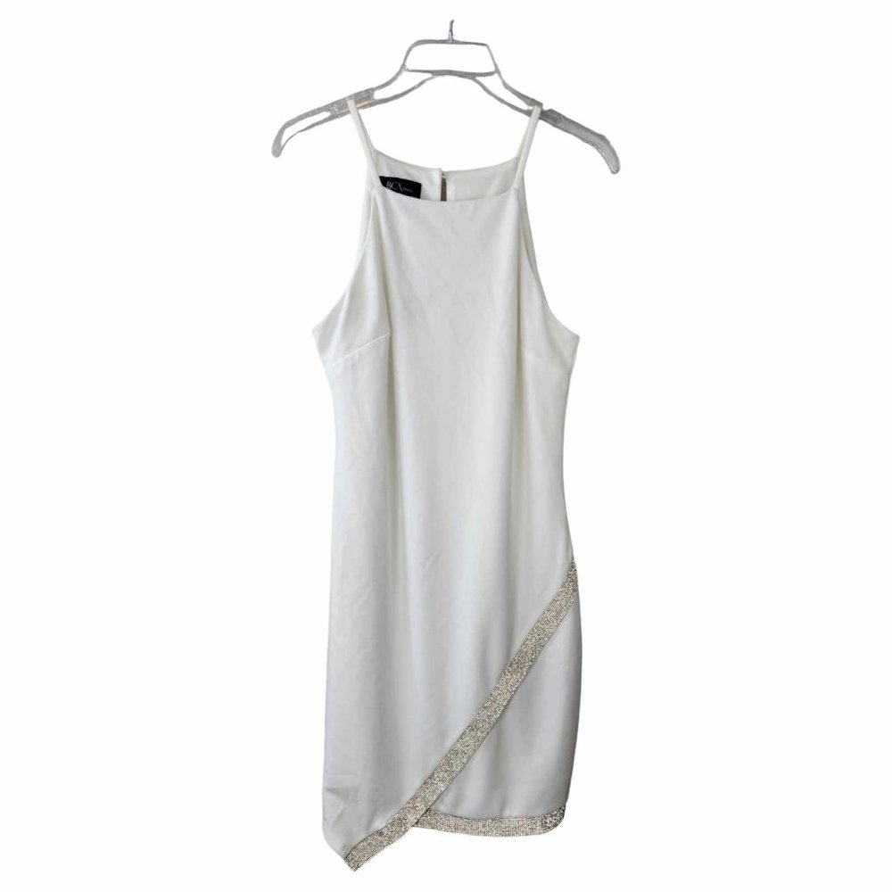 BCX White Mini A-Symmetrical Rhinestone Hem Dress size M
